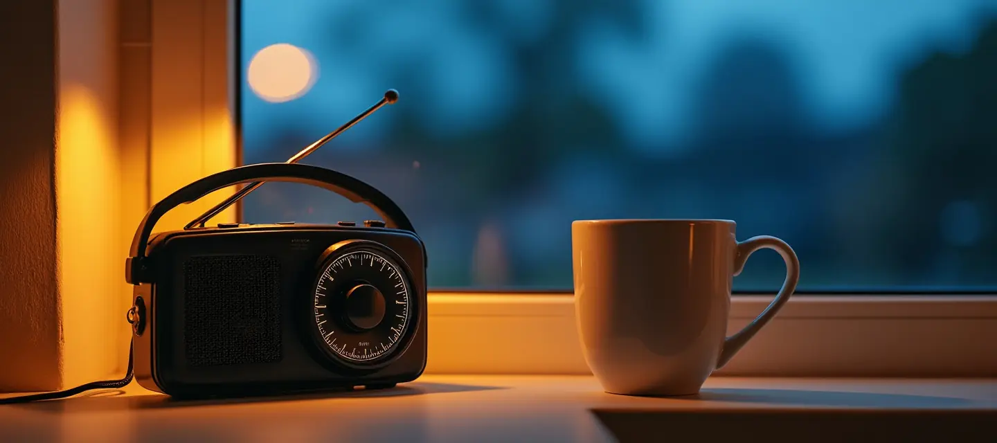 Ein schlichtes Radio mit Teleskopantenne und Drehskala steht neben einem Becher auf einer Fensterbank, draußen dämmert es, eine Lampe gibt warmes Licht.